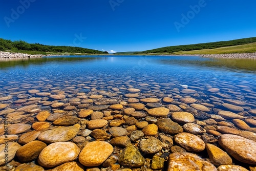 Lake reflecting a clear blue sky, captured in a photo that emphasizes the clarity and depth of the water