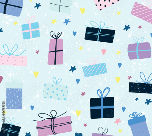 Cute gift boxes with seamless pattern. Vector colorful holiday background with gift boxes and confetti. For wrapping paper, wallpaper, fabric printing