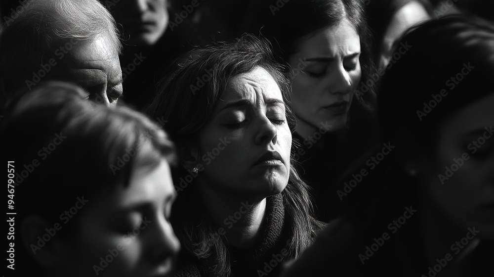 A group of people at a somber gathering, with downcast eyes and expressions of grief, reflecting a collective mood of sadness A group of people at a somber gathering, with downcast eyes and expressions of grief, reflecting a collective mood of sadness