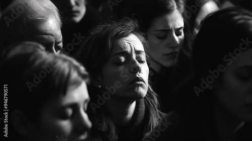 A group of people at a somber gathering, with downcast eyes and expressions of grief, reflecting a collective mood of sadness