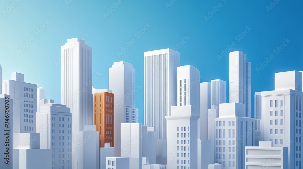 Fototapeta premium A modern city skyline showcasing diverse skyscrapers against a clear blue sky, symbolizing growth and urban development.