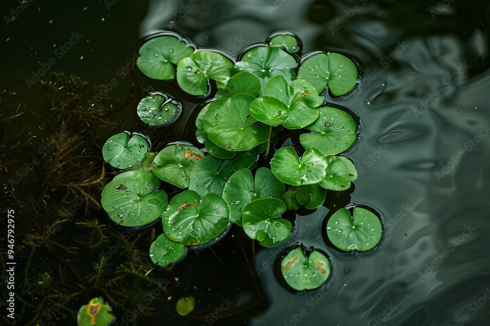 Green round leaves of aquatic plants covering the surface of a pond Green round leaves of aquatic plants covering the surface of a pond