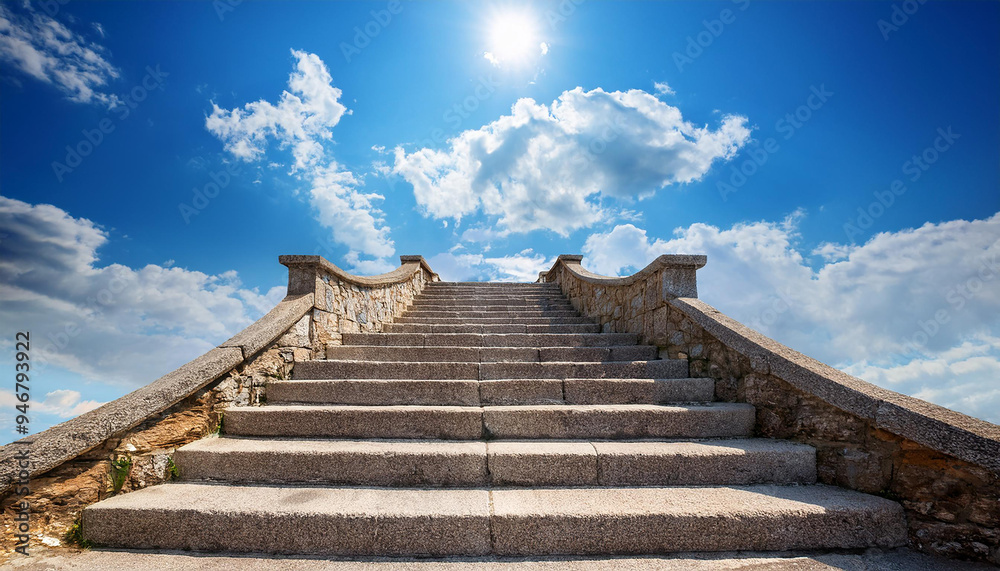 Fototapeta premium Old stone stairs rises to haven, blue sky with white clouds, magic steps leading upwards.