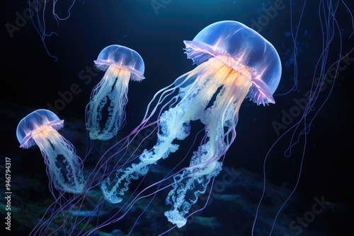 3D illustration of jellyfish background. A jellyfish swims in the ocean, light passes through the water, creating the effect of volumetric rays. Dangerous blue jellyfish