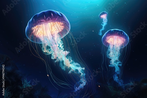 3D illustration of jellyfish background. A jellyfish swims in the ocean, light passes through the water, creating the effect of volumetric rays. Dangerous blue jellyfish