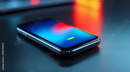 Close-up of a modern smartphone with a vibrant blue screen, set against a dark background, showcasing sleek design and technology.