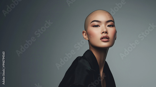 a bald asian female professional model, presenting a poised and assertive expression, studio portrait photography