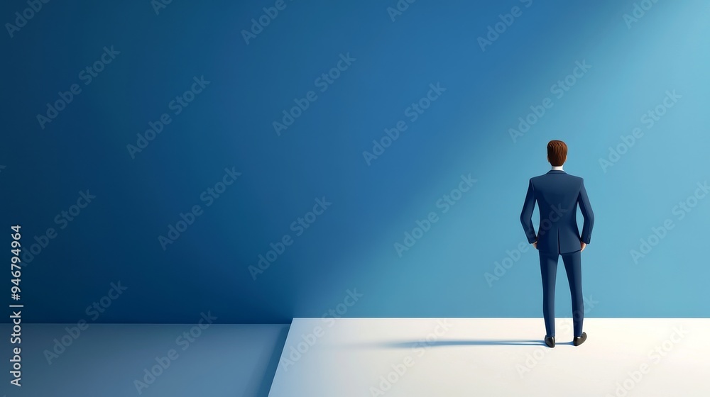 A businessman stands confidently against a solid blue wall, symbolizing opportunities and new beginnings in a corporate environment. A businessman stands confidently against a solid blue wall, symbolizing opportunities and new beginnings in a corporate environment.