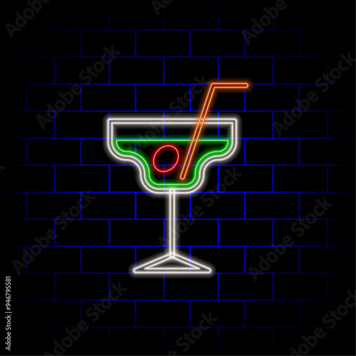 Retro neon wine glass sign on brick wall background. Neon design cocktail party banner for sign, label, banner, advertising. Vector illustration. Neon design for fiesta or restaurant