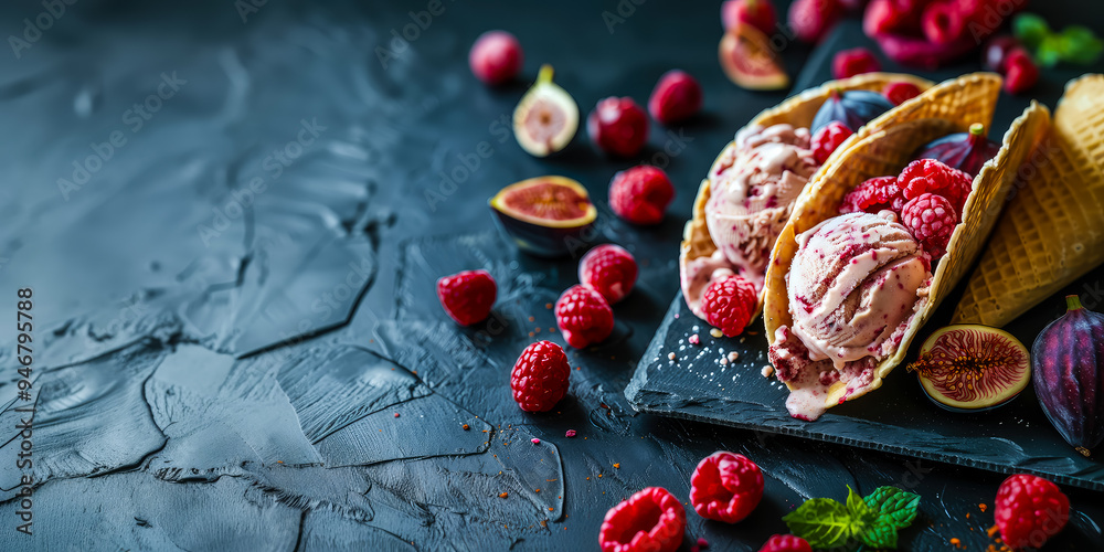 Delicious ice cream with fresh raspberries and figs served in waffle cones Delicious ice cream with fresh raspberries and figs served in waffle cones