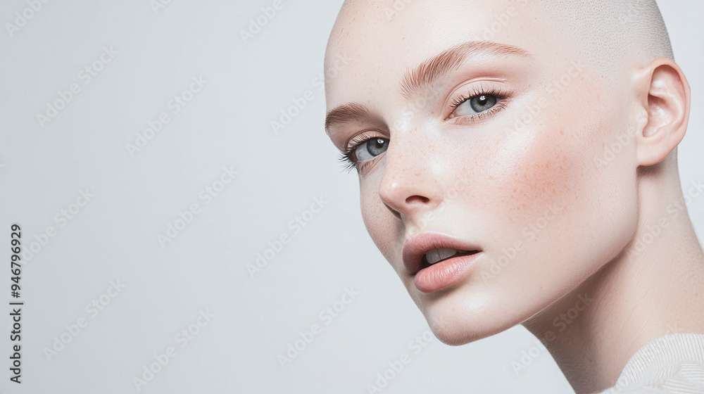 a bald caucasian female model, captured in a high-contrast studio setting that highlights her striking features a bald caucasian female model, captured in a high-contrast studio setting that highlights her striking features