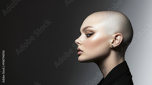 a bald caucasian female model, captured in a high-contrast studio setting that highlights her striking features