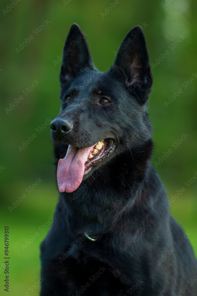 Portrait of a black german shepard dog on green background Portrait of a black german shepard dog on green background