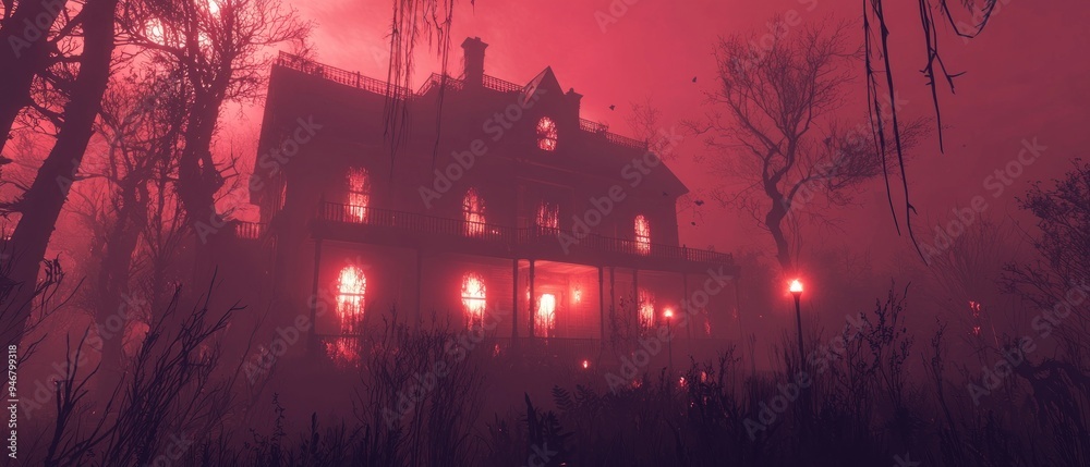 Obraz premium Eerie Mansion in a Red Foggy Forest