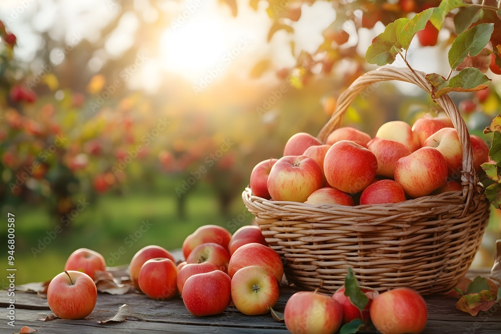 Basket of apples overflowing with a few apples spilled outside the basket Basket of apples overflowing with a few apples spilled outside the basket