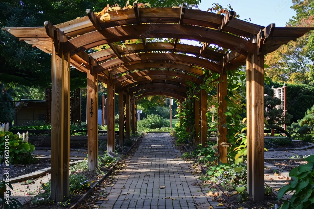 Charming walkway with a wooden pergola covered in vines, creating a shaded path through a vibrant garden Charming walkway with a wooden pergola covered in vines, creating a shaded path through a vibrant garden