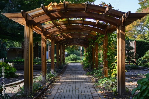 Charming walkway with a wooden pergola covered in vines, creating a shaded path through a vibrant garden