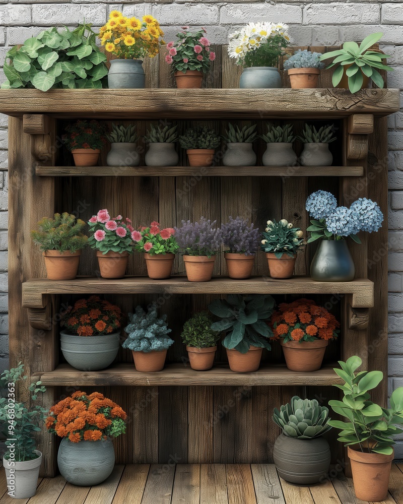 Wooden shelf with flowering plants and herbs in pots in a cozy indoor setting. Wooden shelf with flowering plants and herbs in pots in a cozy indoor setting.