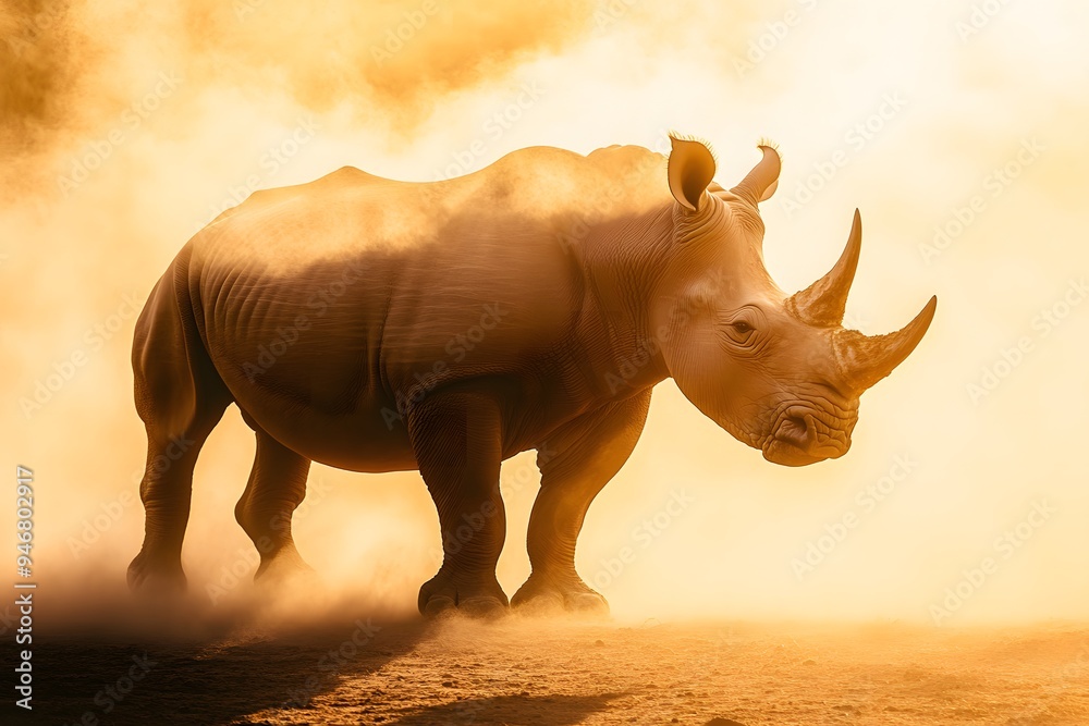 Fototapeta premium Rhino silhouette standing majestically with dust clouds around the feet