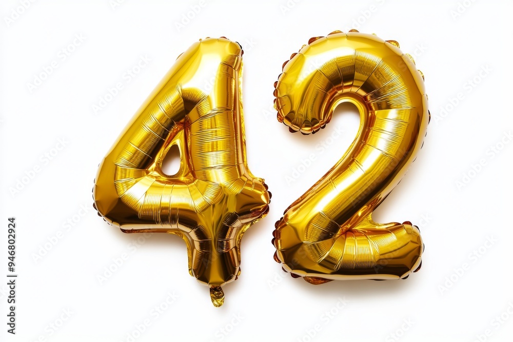 Number 42 golden inflatable foil balloons. Bright party decoration. Fourty two years on white background Number 42 golden inflatable foil balloons. Bright party decoration. Fourty two years on white background