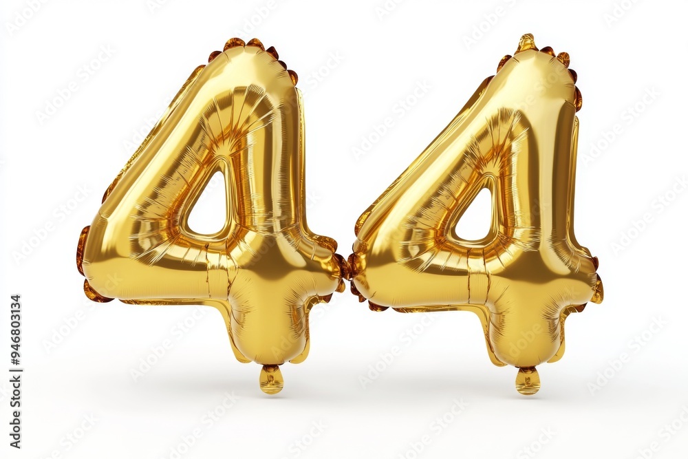 Number 44 golden inflatable foil balloons. Bright party decoration. Fourty four years on white background