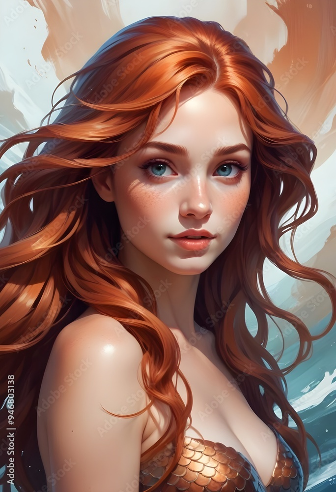 Fototapeta premium Colorful Mermaid Portrait Painting Beautiful Ocean Female Background Graphic Design