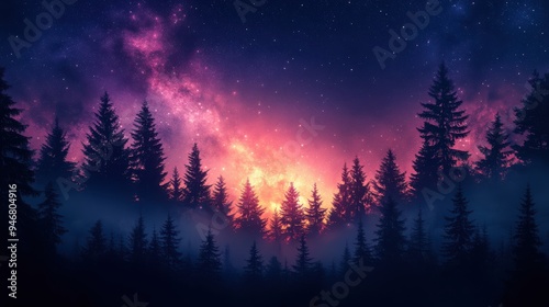 Stunning starry night sky with vibrant purple and pink colors over dark forest silhouettes. Celestial beauty, galaxy view, nightscape, nature at night, cosmic wonder.