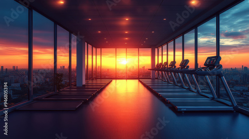 Sunset view through large gym windows casting orange light on rows of treadmills and exercise machines, modern fitness center interior, empty workout space, cityscape background photo