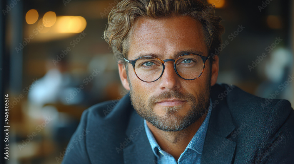 Close-up portrait of confident man with glasses, wearing a suit jacket, smiling at camera, warm bokeh lights background, indoor coffee shop, relaxed professional atmosphere Close-up portrait of confident man with glasses, wearing a suit jacket, smiling at camera, warm bokeh lights background, indoor coffee shop, relaxed professional atmosphere