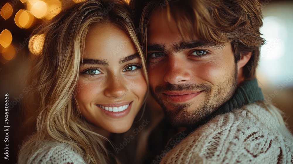 Smiling couple close-up portrait, both with bright eyes, standing side by side, happy and in love, sunlight shining, warm outdoor environment, romantic moment Smiling couple close-up portrait, both with bright eyes, standing side by side, happy and in love, sunlight shining, warm outdoor environment, romantic moment
