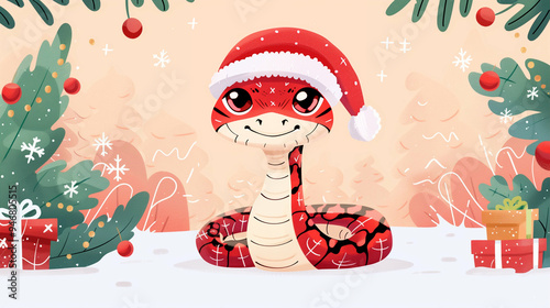 Snake wearing Santa hat in festive Christmas setting with decorations and gifts