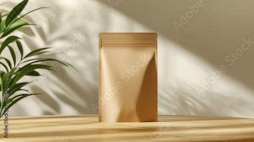 A realistic mockup of an eco-friendly craft paper standing pouch with a matte finish, placed on a light wooden table