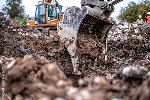 Close-up excavator bucket. Excavator working on a construction site. Heavy duty construction equipment at work.