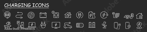 Charging icon set. Containing charge, battery, energy, electricity, charger, recharge, electric car and charging station icons. Line icon collection. Vector illustration.	