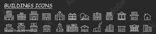Building icon set. Containing house, office, bank, school, hotel, shop, university, church, police, gym and hospital icons. Solid icon collection. Vector illustration.