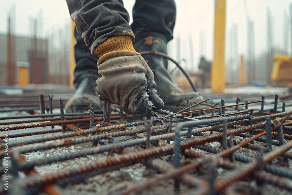 Close up of a worker's hand in a protective glove working on a construction site. Professional construction worker. Close up of a worker's hand in a protective glove working on a construction site. Professional construction worker.