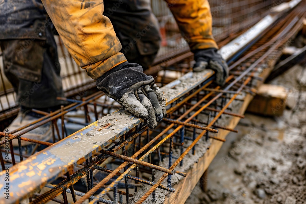 Close up of a worker's hand in a protective glove working on a construction site. Professional construction worker. Close up of a worker's hand in a protective glove working on a construction site. Professional construction worker.