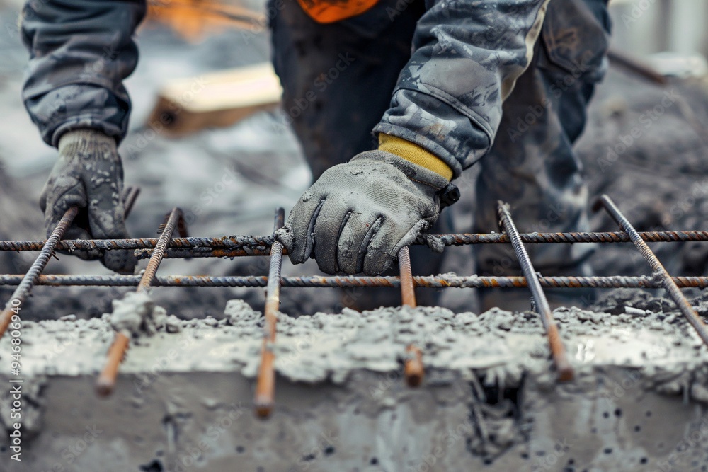 Close up of a worker's hand in a protective glove working on a construction site. Professional construction worker. Close up of a worker's hand in a protective glove working on a construction site. Professional construction worker.