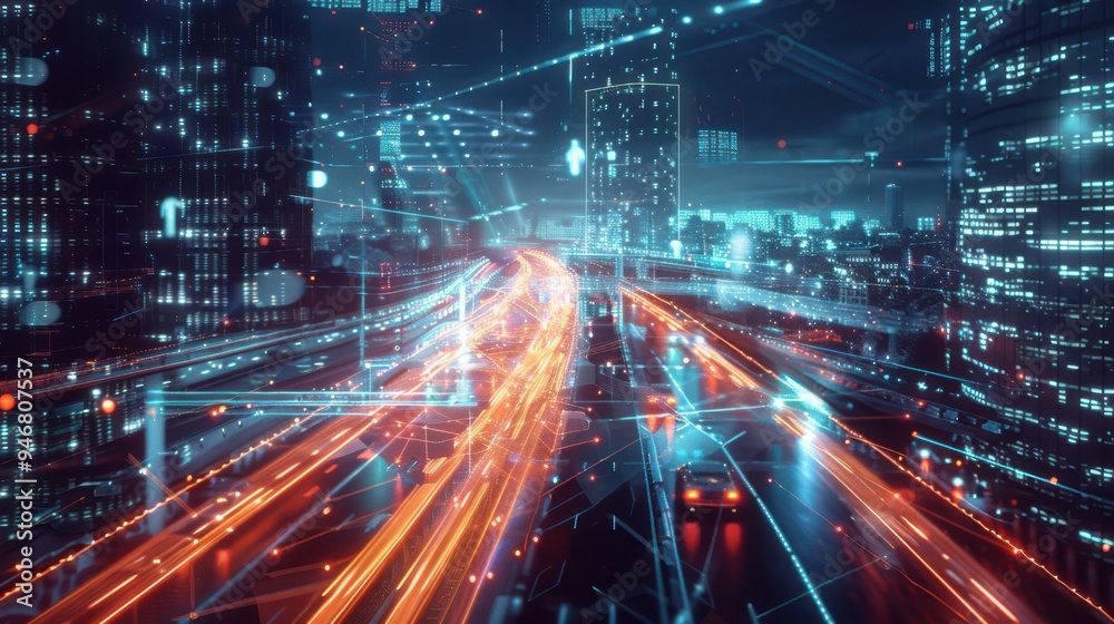 Futuristic Smart City with AI-Driven Technology and Light Trails Futuristic Smart City with AI-Driven Technology and Light Trails