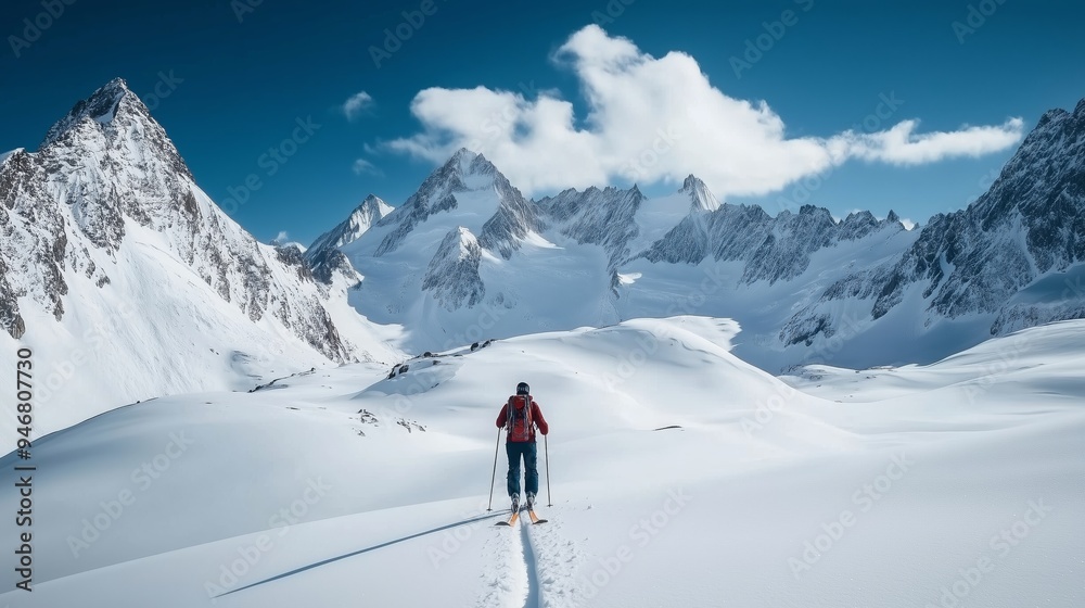 Skier navigates breathtaking snow-covered mountains in the Alps during a clear winter day Skier navigates breathtaking snow-covered mountains in the Alps during a clear winter day