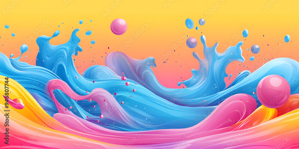 Fototapeta premium pink blue splashes and waves of liquid on an orange background. abstract colorful background