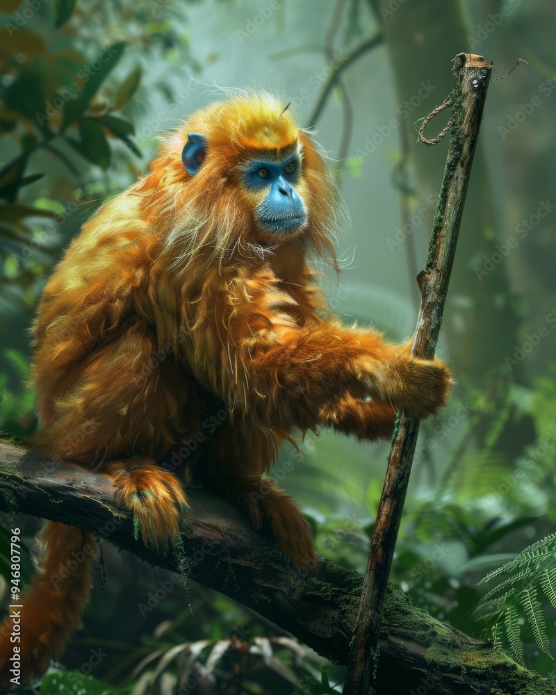 Golden snub-nosed monkey perched on a fallen tree trunk, holding a long stick Golden snub-nosed monkey perched on a fallen tree trunk, holding a long stick