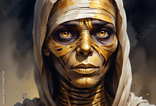 Golden Mummy Portrait Painting Beautiful Agypt Fantasy Character Background Graphic Banner Design photo