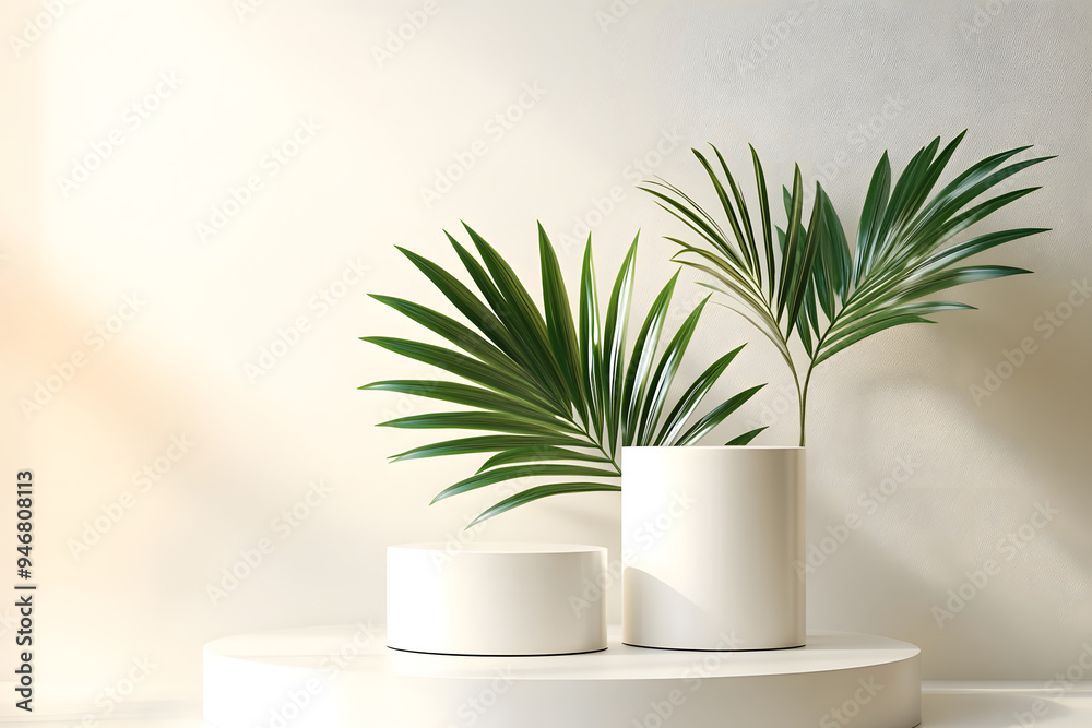 © Саша Силенко - several white cylindrical podiums with palm leaves in the background © Саша Силенко - several white cylindrical podiums with palm leaves in the background