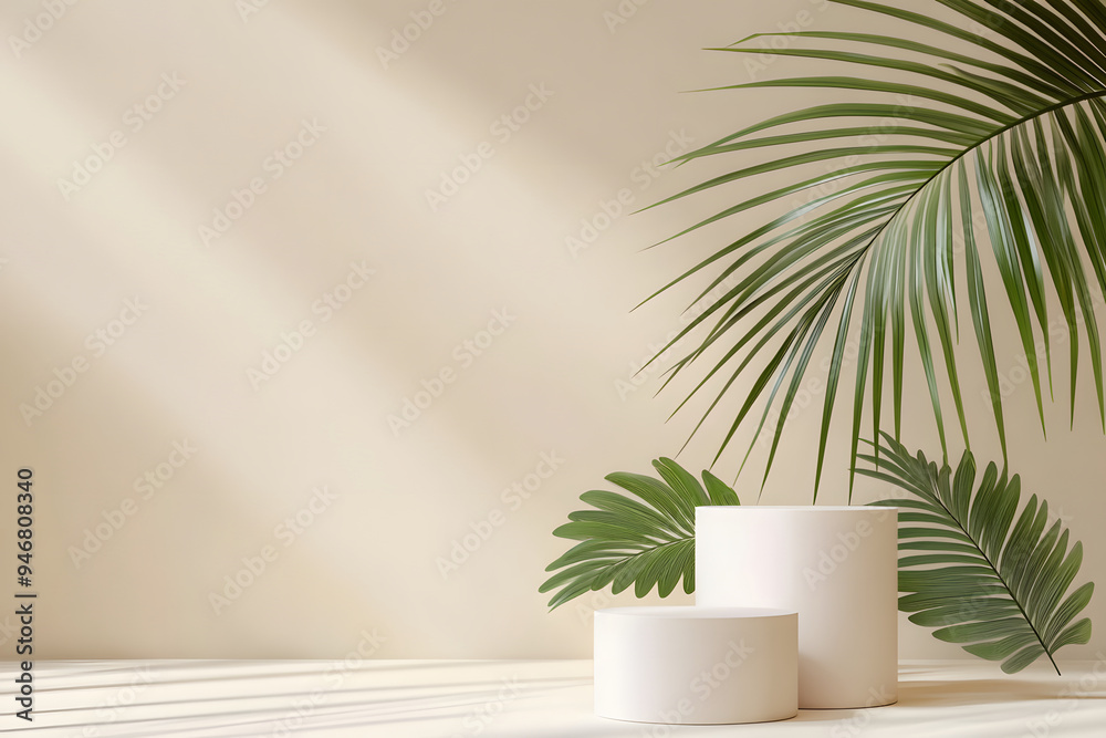 several white cylindrical podiums with palm leaves in the background several white cylindrical podiums with palm leaves in the background
