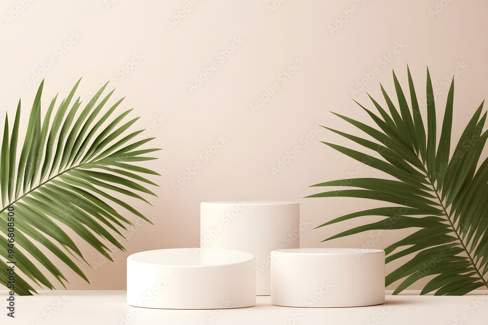 several white cylindrical podiums with palm leaves in the background several white cylindrical podiums with palm leaves in the background