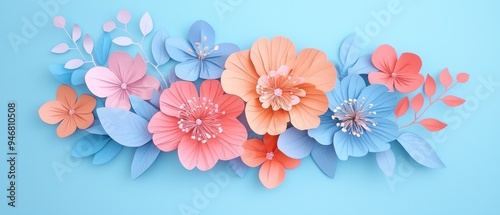 Wallpaper Mural Pastel Paper Flowers and Leaves on Blue Background Torontodigital.ca
