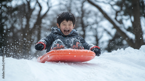 ソリ遊び日本人の男の子 photo