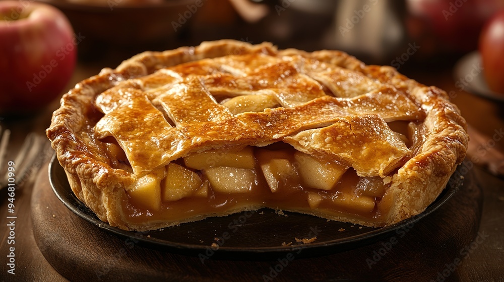 A freshly baked apple pie with a golden, flaky crust, sliced to reveal the spiced apple filling inside A freshly baked apple pie with a golden, flaky crust, sliced to reveal the spiced apple filling inside