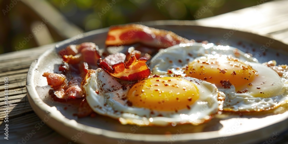 Country style breakfast with fried eggs and bacon on a plate served on a sunny morning table from an organic farm Country style breakfast with fried eggs and bacon on a plate served on a sunny morning table from an organic farm